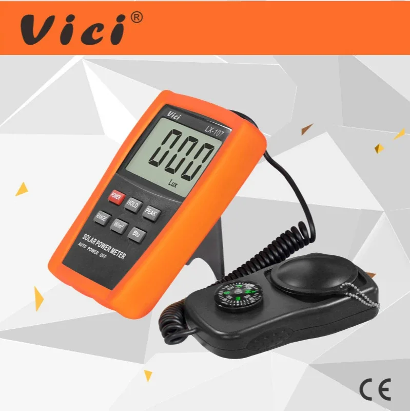 Vici Solar Power Meter LCD BTU Light Radiation Tester Compass Optical Solar Research Glass Light Intensity Data Peak Hold LX107