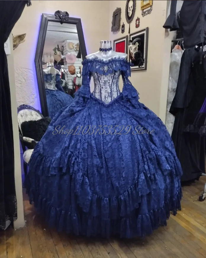 Delicate Blue Victorian Prom Dresses Puffy Ruffles One Neck Gothic Lace Appliques Tiered Laced Detachable Shawl Party Dresses