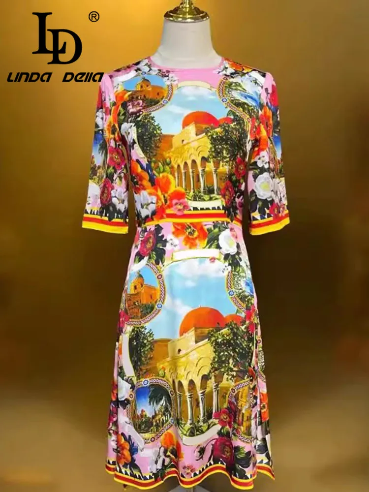 LD LINDA DELLA Autumn Winter Women\'s Dress Fashion Half Sleeve High Waiste Elegant Chic Print Beach Vacation Silk Dresses