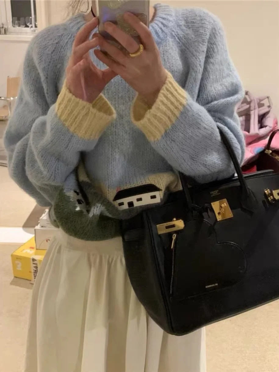 

Korean Sle Autumn Winter New Small Color Blo Knitted Sweater Long Sve round Ne Milk Cow Camere Farm Knitwear