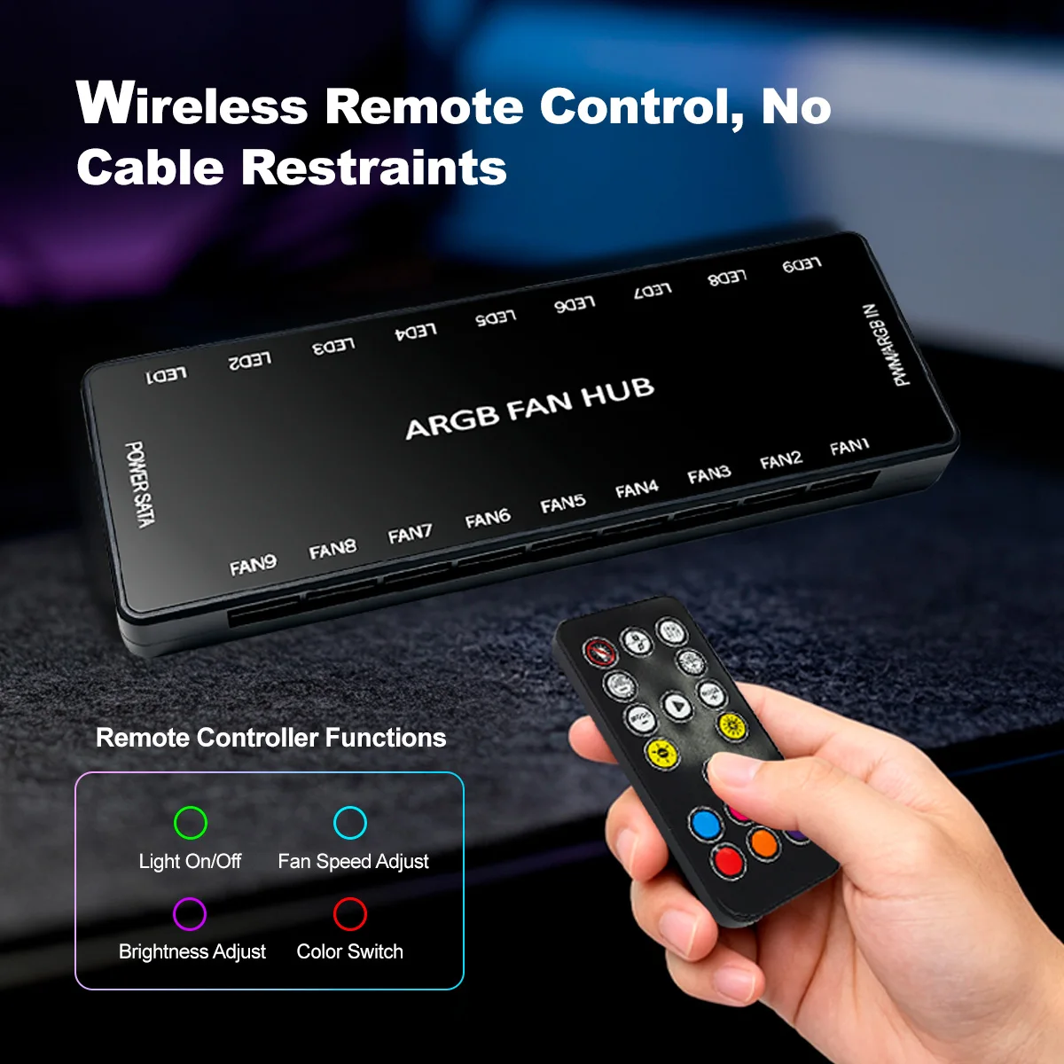 Wireless Remote Control ARGB Fan Hub 9 Port 5V 3PIN Addressable RGB PWM Fan Controller SATA Power Supply For PC Case Cooling Fan
