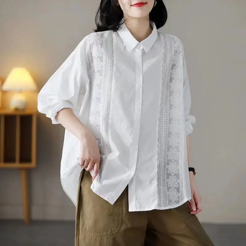 

Spring And Autumn Lace Patchwork Lapel Shirt, Loose And Versatile, Solid Color Casual Temperament, Long Sleeved Shirt For Women