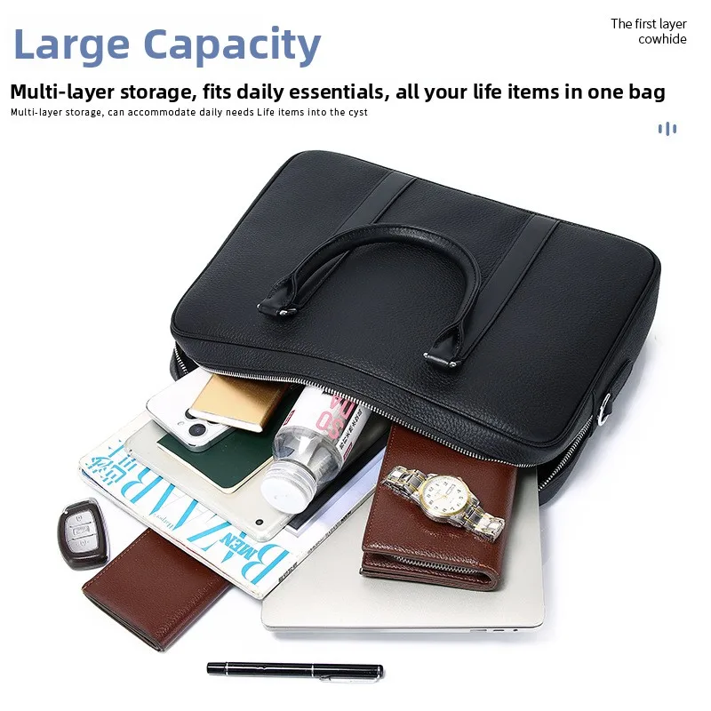 

High-End Top Layer Cowhide Leather Men's Briease Large Capaci Laptop Busin Handbag Genuine Leather Luxury Feel