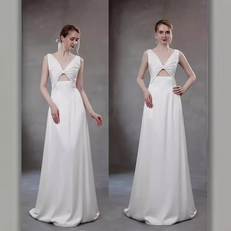 فستان زفاف فرنسي بسيط أنيق للزواج والخطوبة فستان سهرة رخصة العروس فستان أبيض نحيف