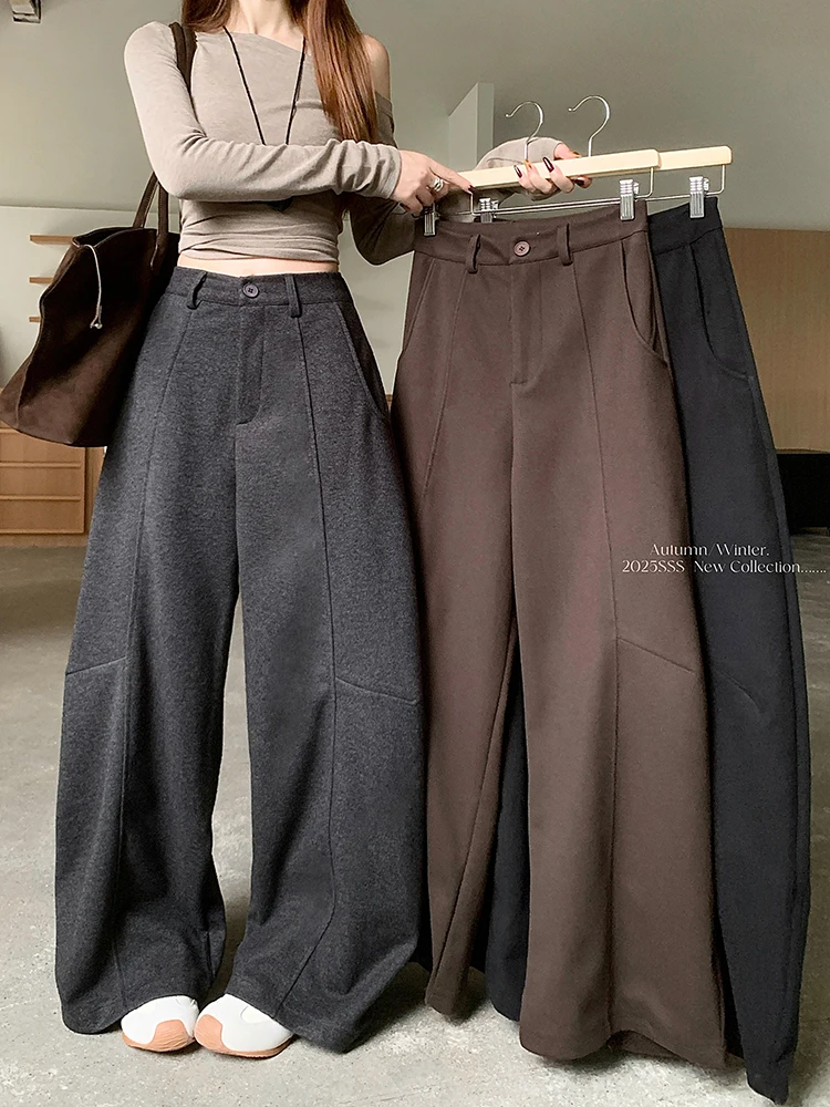 

Женские осенне-зимние шикарные уличные брюки с изогнутыми широкими штанинами банана, женские свободные брюки полной длины с высокой талией