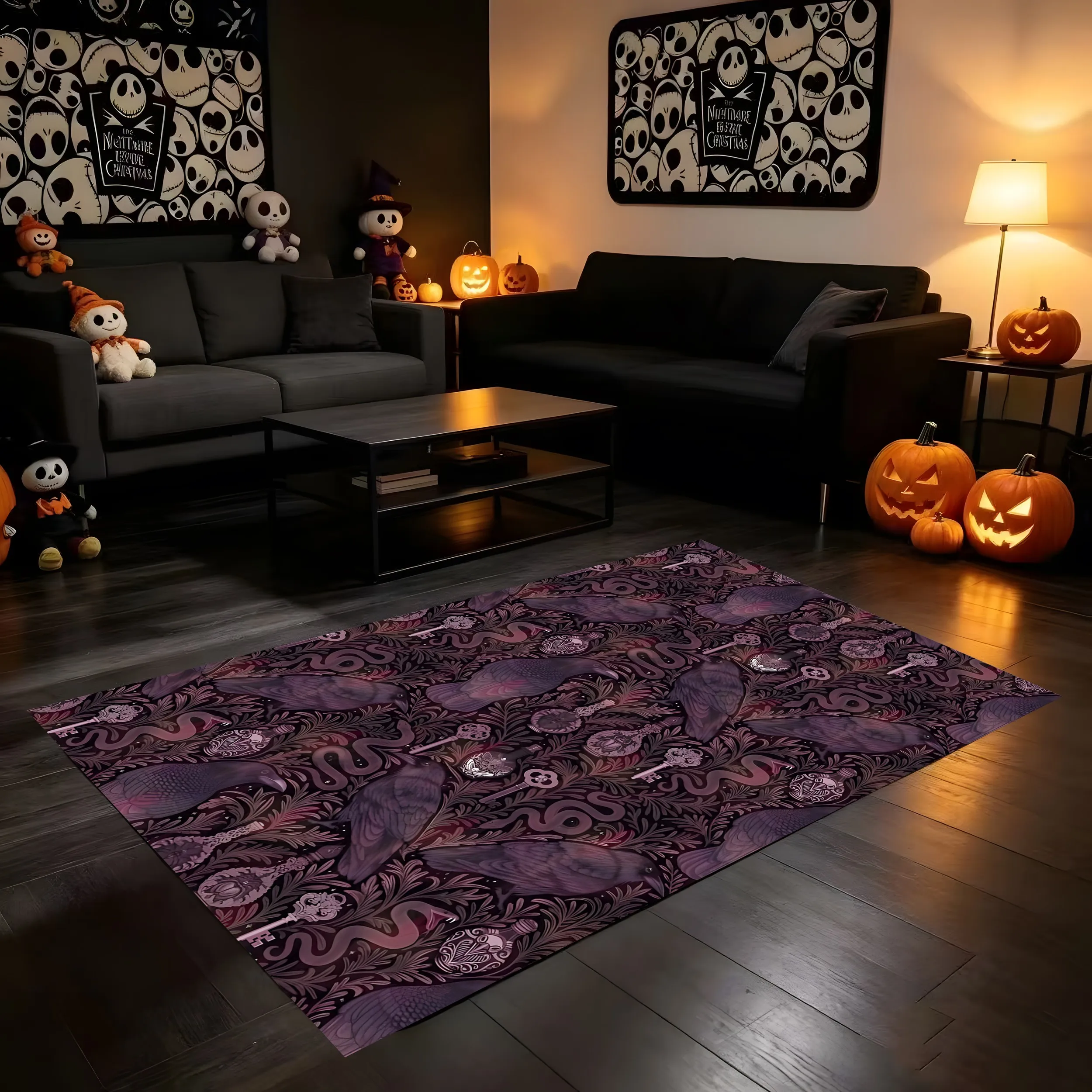 Crow Key Print Dark Gothic Velvet Rug for Entryway Bedroom Gaming Room Unique Mysterious Retro Decor