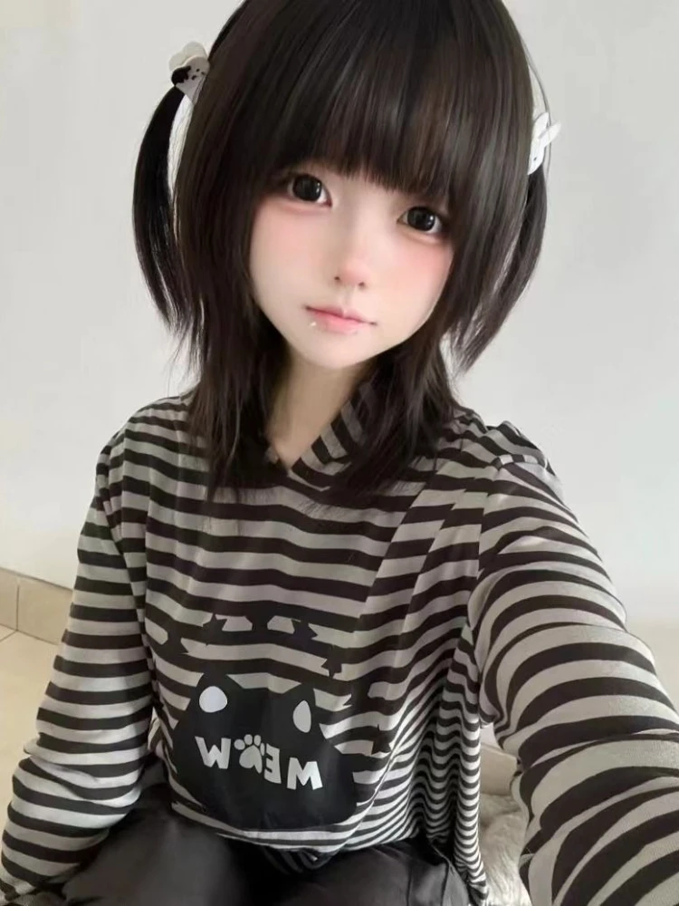 

Американская винтажная верхняя одежда на молнии с мультяшным узором и длинными рукавами, однотонная мода Y2k, субкультура в полоску с капюшоном, Woamn, осень 2023 г.