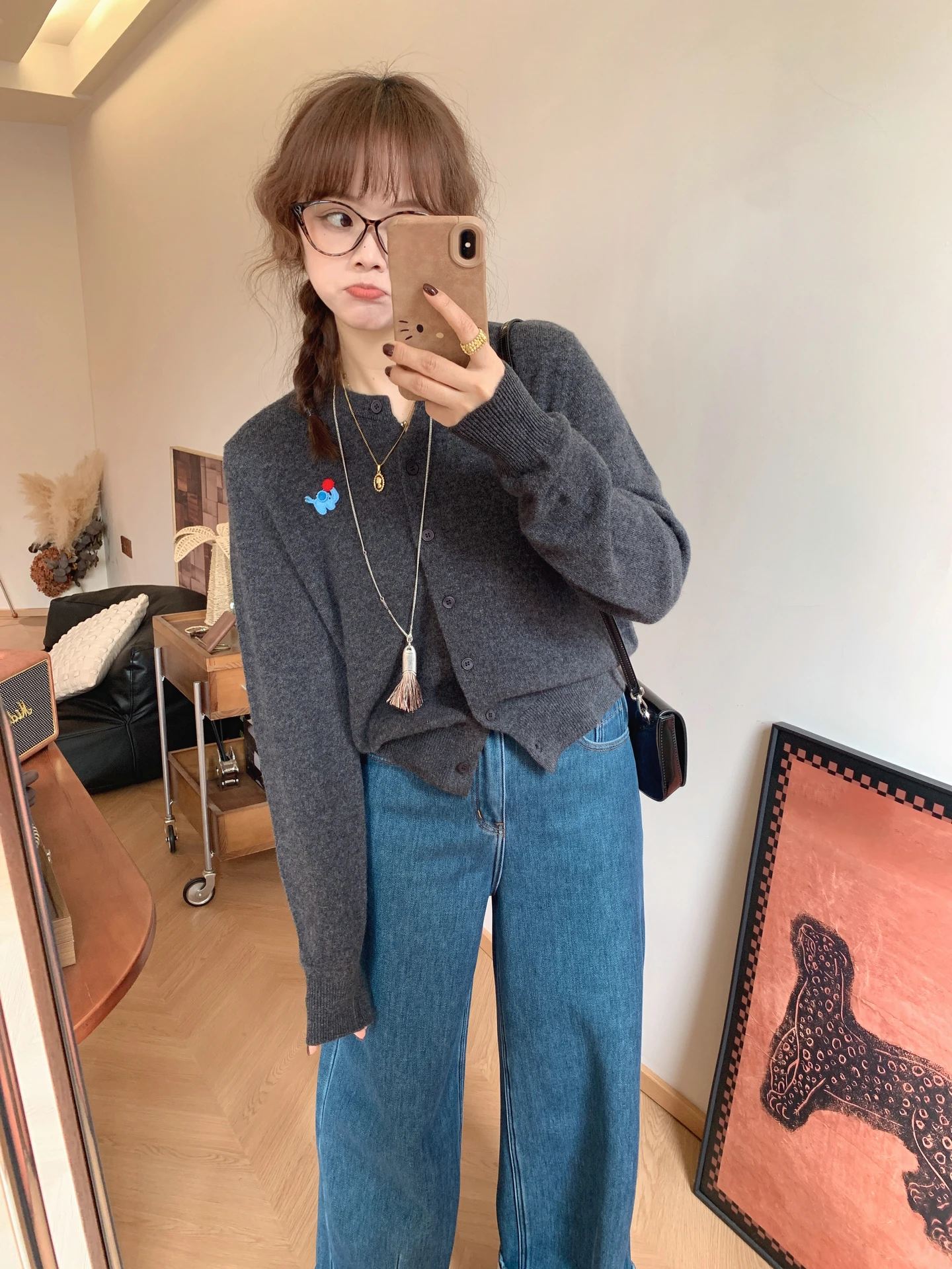 

Korean Sle Animal Embroidery Woolen Knitted Cardigan Soft Long Sve Pure Color Versatile Knitted Sweater College Sle Yo...