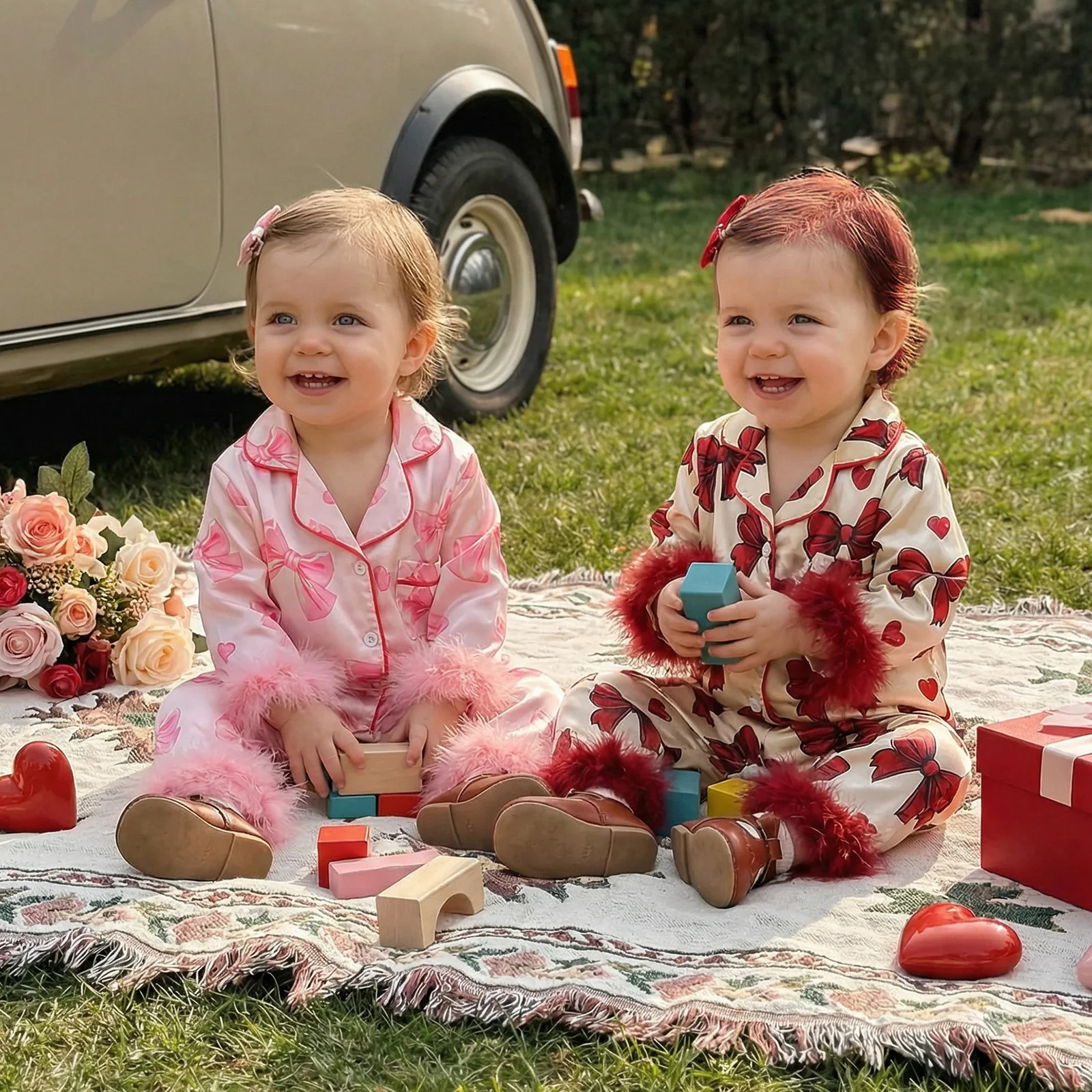 

2026 Spring Baby Girl Spring Pajamas Bow Heart Print Fur Trim Button Down Lapel V Neck Long Sleeve Romper Sleepwear