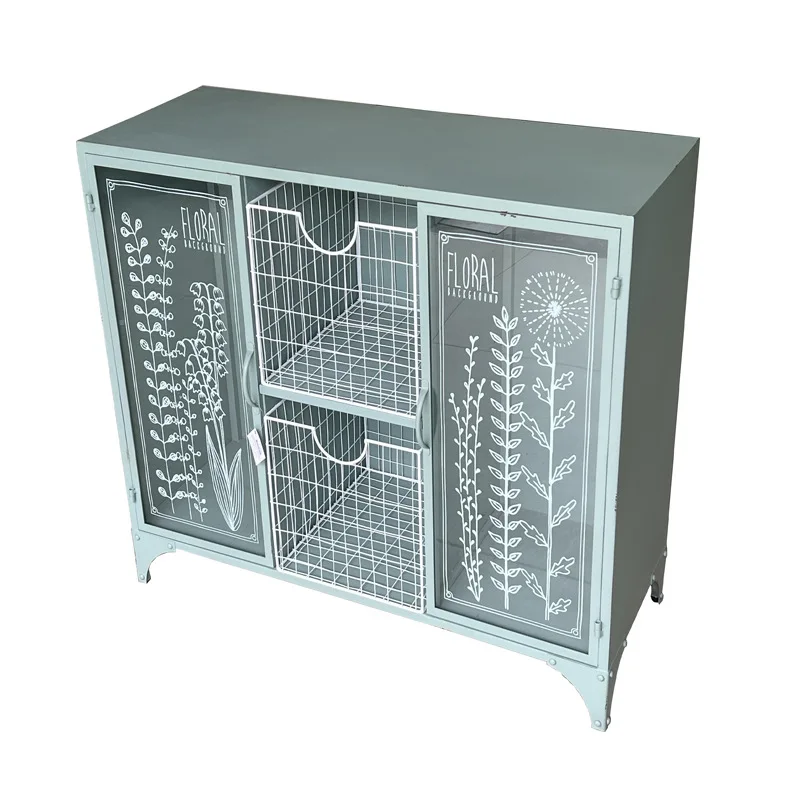 

French pastoral dining side cabinet household multi-functional wrought iron storage cabinet glass door living room bedroom