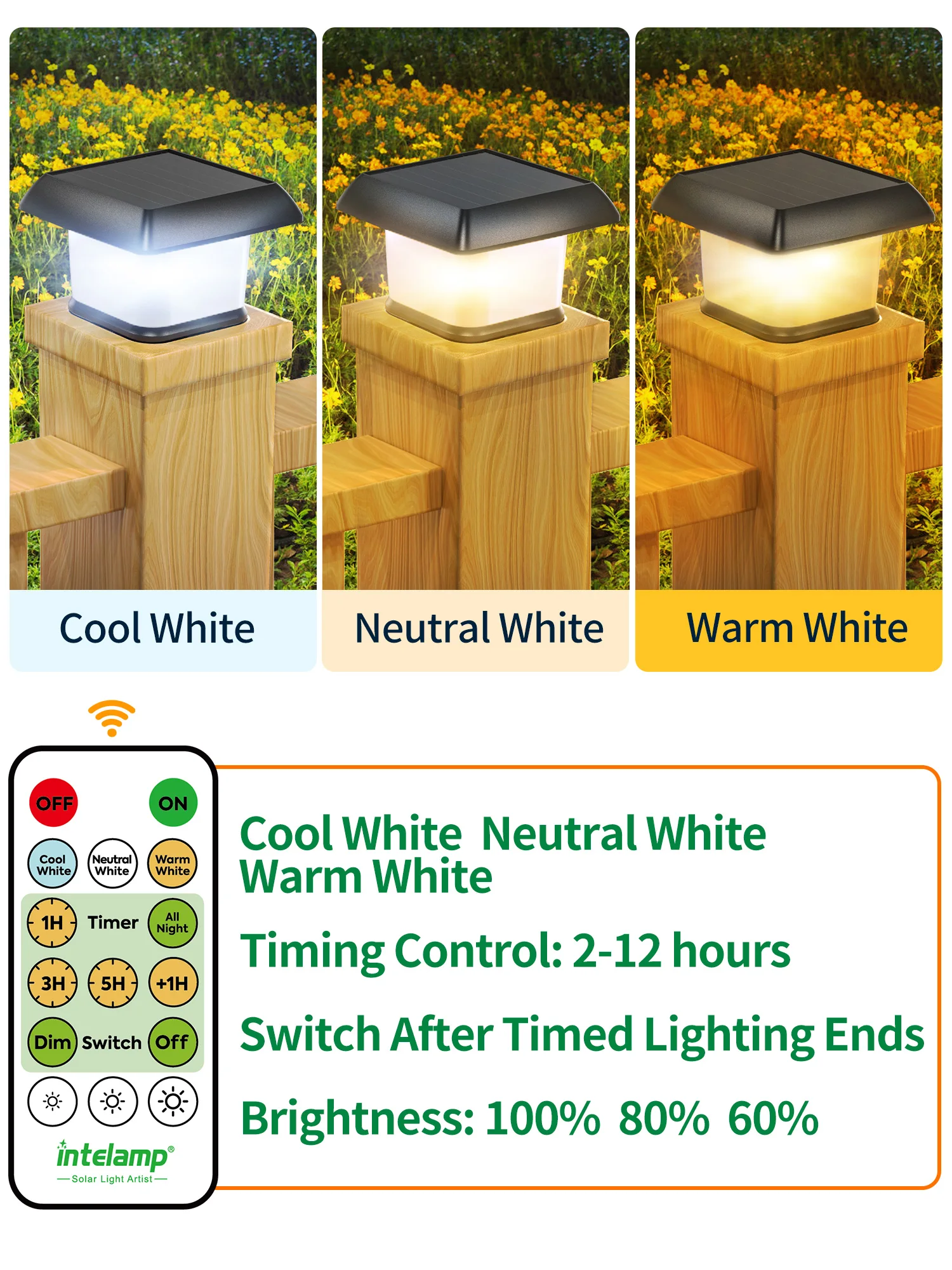 Imagem -05 - Inteligente ao ar Livre Solar Post Cap Light Luz de Vedação Impermeável com Controle Remoto Três Cores Ajustável