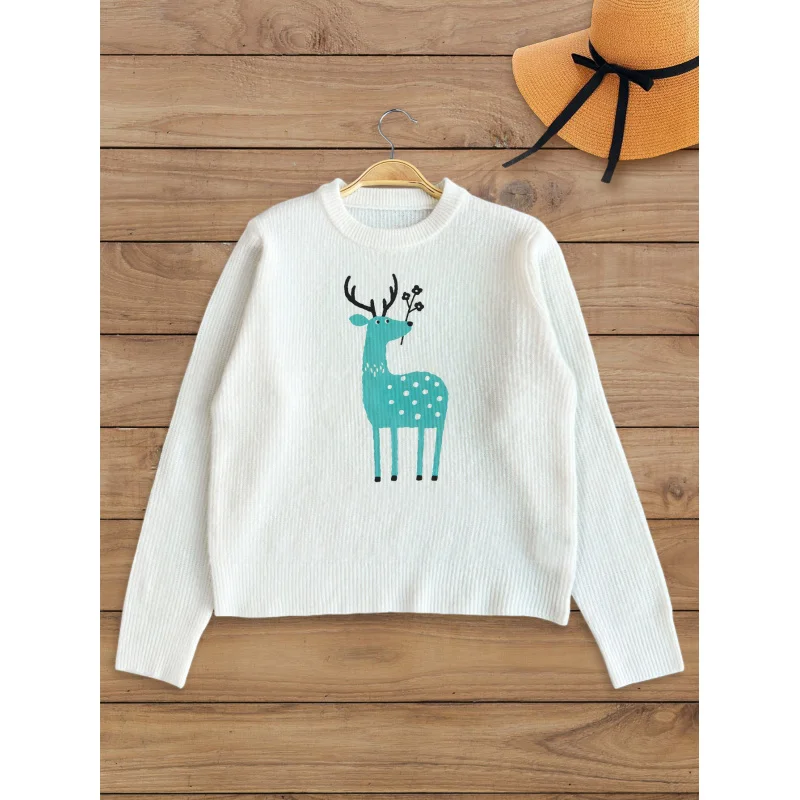 

Blue Elk Print Pattern Women's Knit Pullover Thick, Oversized Crew Neck Long Sleeve Fall/Winter Fashion Style