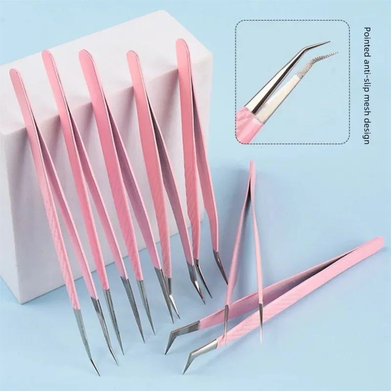 Pink Silver Eyelash Extension Tweezers Stainless Steel Mesh Friction Pattern Precise Tweezers with Protective Cover Makeup Tools