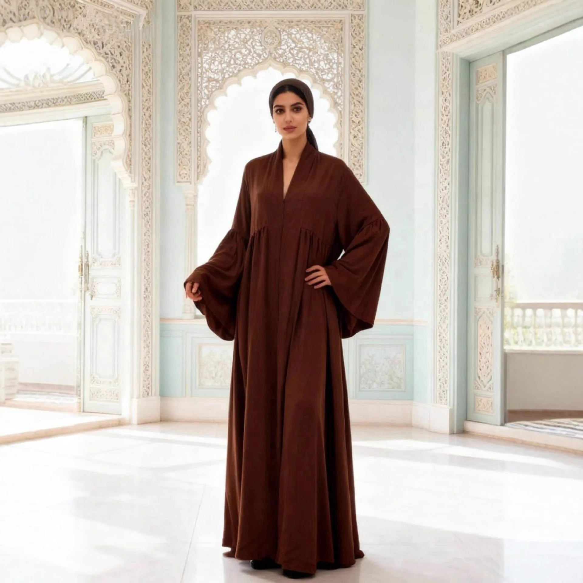 Middle Eastern Women Eleganat Abaya Muslim Flare Sleeve Pleated Abayas Islamic Kaftans Jalabiya Maxi Dresses Ethnic Clothing New