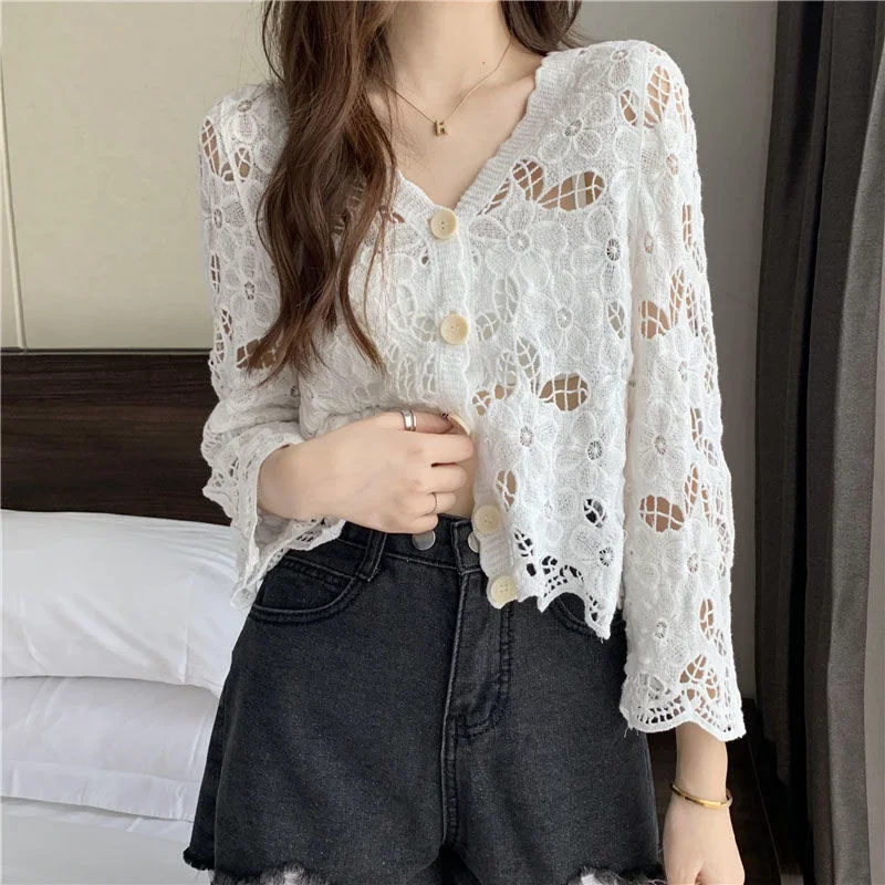 Hollow Out Cardigan Women Knitted Summer Vintage Breathable Korean Style Ladies Temperament Thin Solid All-match Classic Casual