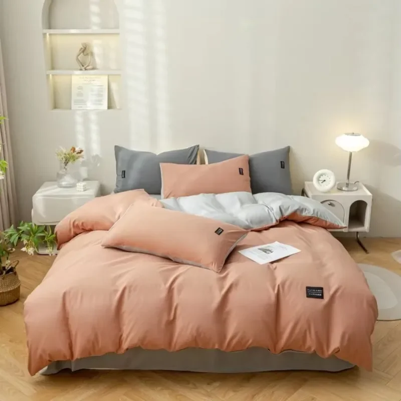 Washed cotton and linen single duvet cover,contrasting color double splicing four piece set, suitable for sleeping naked