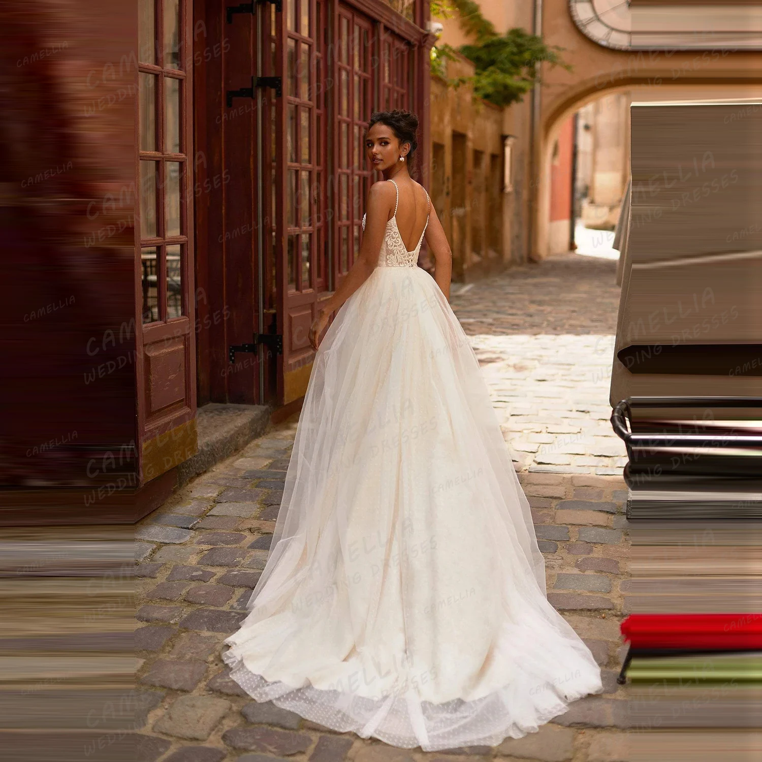 فساتين زفاف نسائية أنيقة بسيطة على شكل حرف A بدون أكمام ورقبة على شكل V بدون ظهر فساتين زفاف الأميرة حفلة فيستدو دي نوفيا مخصصة