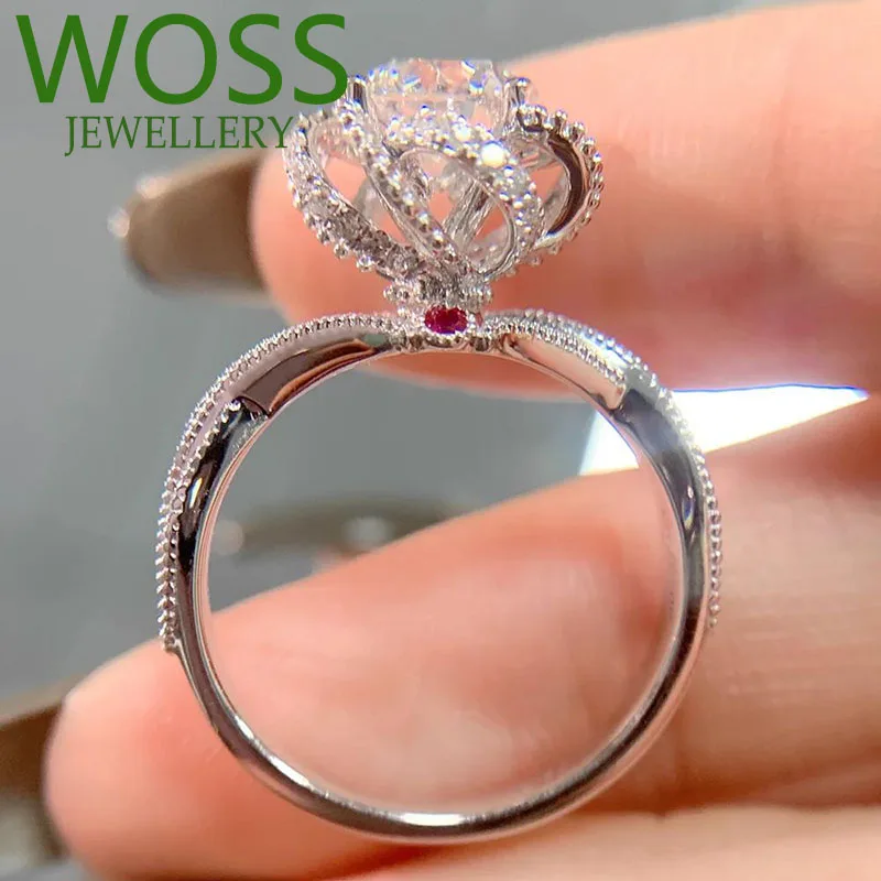 

Real Platinum Solid PT950 White Gold Ring Women Engagement Anniversary Wedding Ring Ruby Moissanite Diamond Ring Flower Fountain