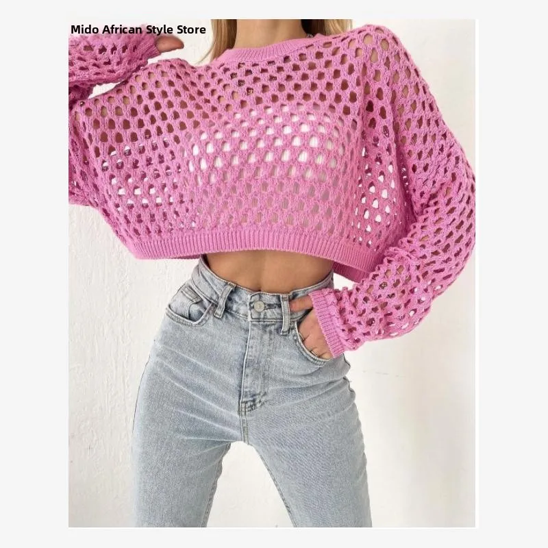 

Women's Knitted Hollow out Bell Sve round Ne Top irt Loose Fit Hollow Knitwear V Ne Long Sve Ultra ort T-irt