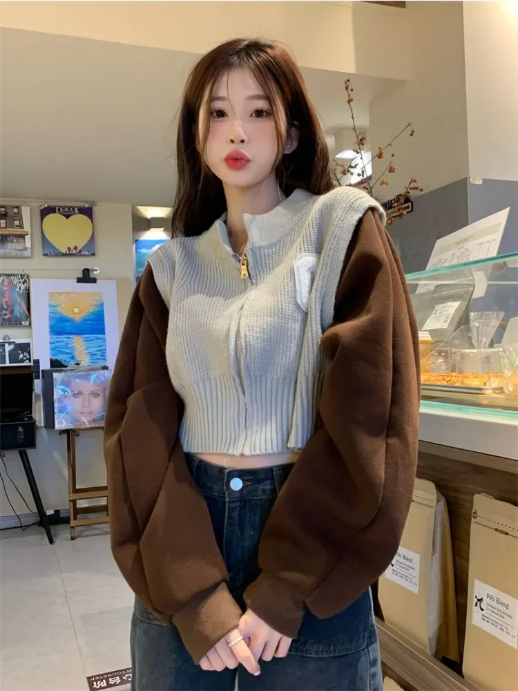 Jaket kardigan rajut wanita, perca warna kontras palsu dua potong Vintage kasual Y2k ritsleting mantel potong longgar Korea