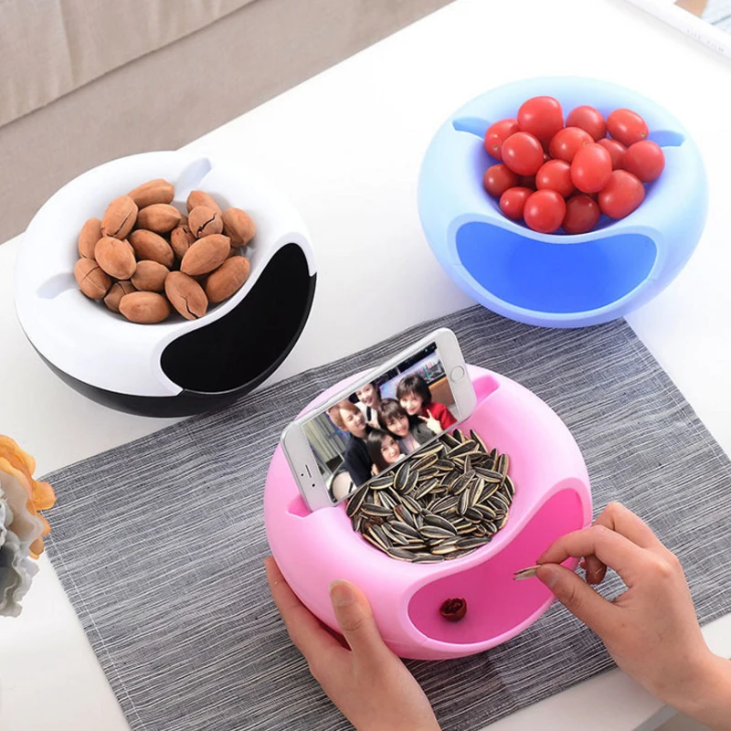 Creative Bowl Double Layer Dry Fruit Containers Snacks Seeds Storage Box Garbage Holder Plate Dish Organizer with Phone Holde