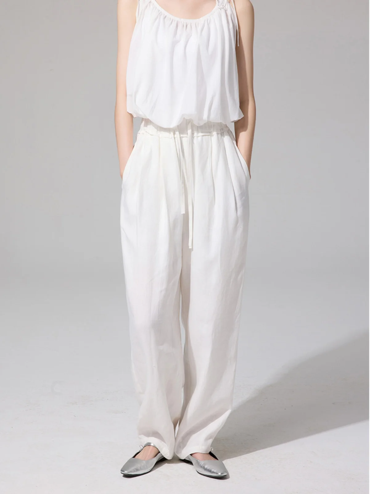 

l White Linen Thin Dstring Wide Leg Pants High Waist Casual Loose Feel High Waist Wide Leg Trousers for Women