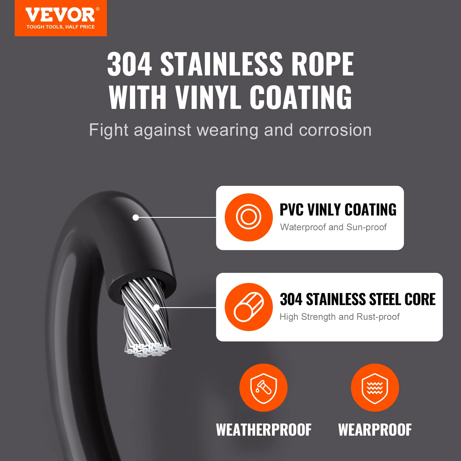 VEVOR 164ft Vinyl Coated Wire Rope Kit 1/16 Diameter Stainless Steel Cable 7x7 Strands for String Lights Clothesline