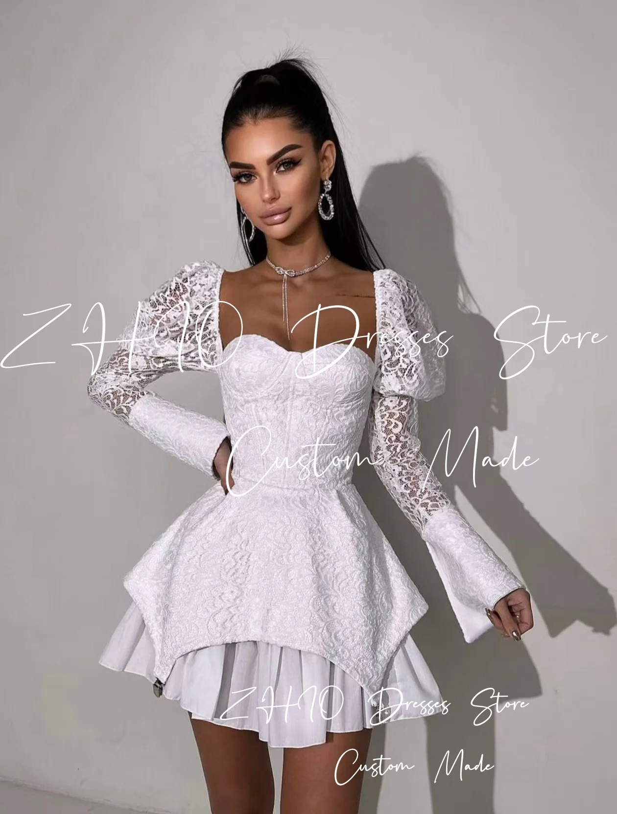 ZHIO فساتين حفلات زفاف صغيرة من الدانتيل العتيق بأكمام طويلة متدرجة للمناسبات الخاصة فساتين احتفال قصيرة فستان حفلات مخصص #4