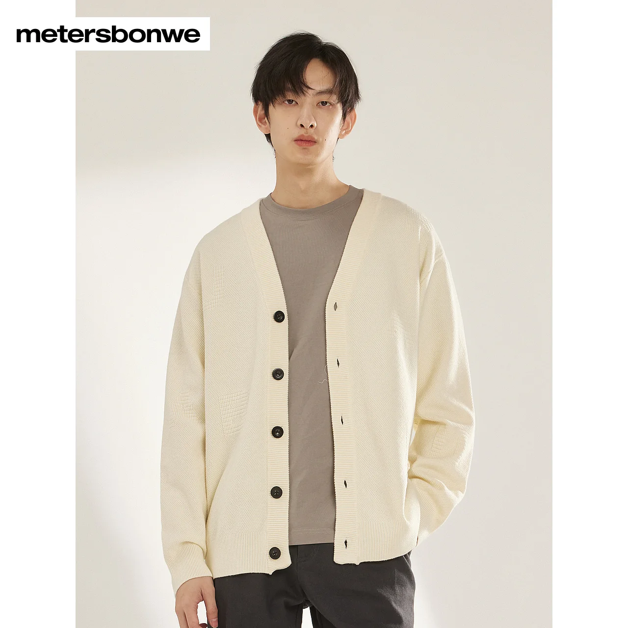 Metersbonwe-Men's Commuter Letter Jacquard Cardigan Sweater Solid Color Basic Round Neck Pullover Simple Generous Warm  Autumn W