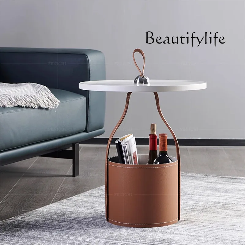 Italian minimalist pure handmade saddle leather storage coffee table creative hand carry living room sofa side table casual smal