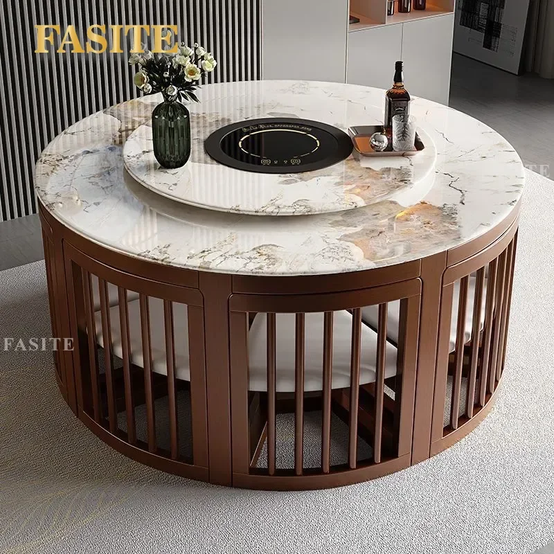 For Small Household Round Marble Dining Table and Chair Set Full Solid Wood Multi Functional Invisible Extendable Internet