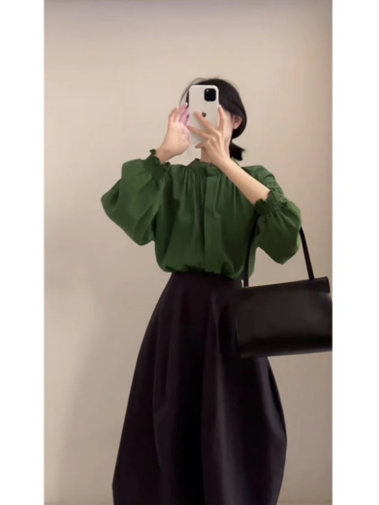 

Retro Korean Sle Women's Long Sve irt And High Waist Skirt Set plus Size Faionable Spring Summer Outfit Two Pieces
