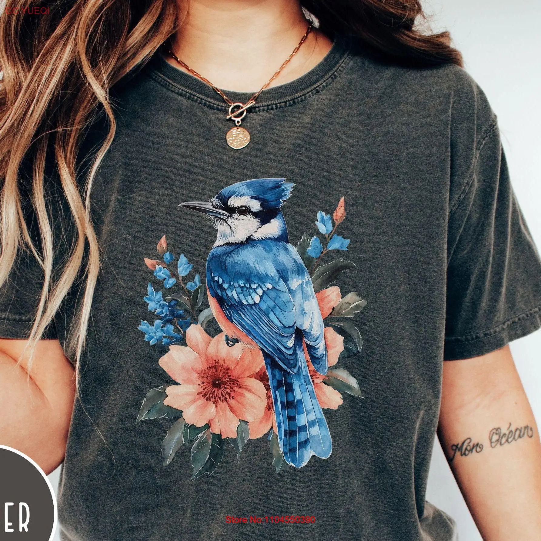 Bluejay Comfort Colors T Shirt Floral for Bird Watching Flower Lover long or short sleeves