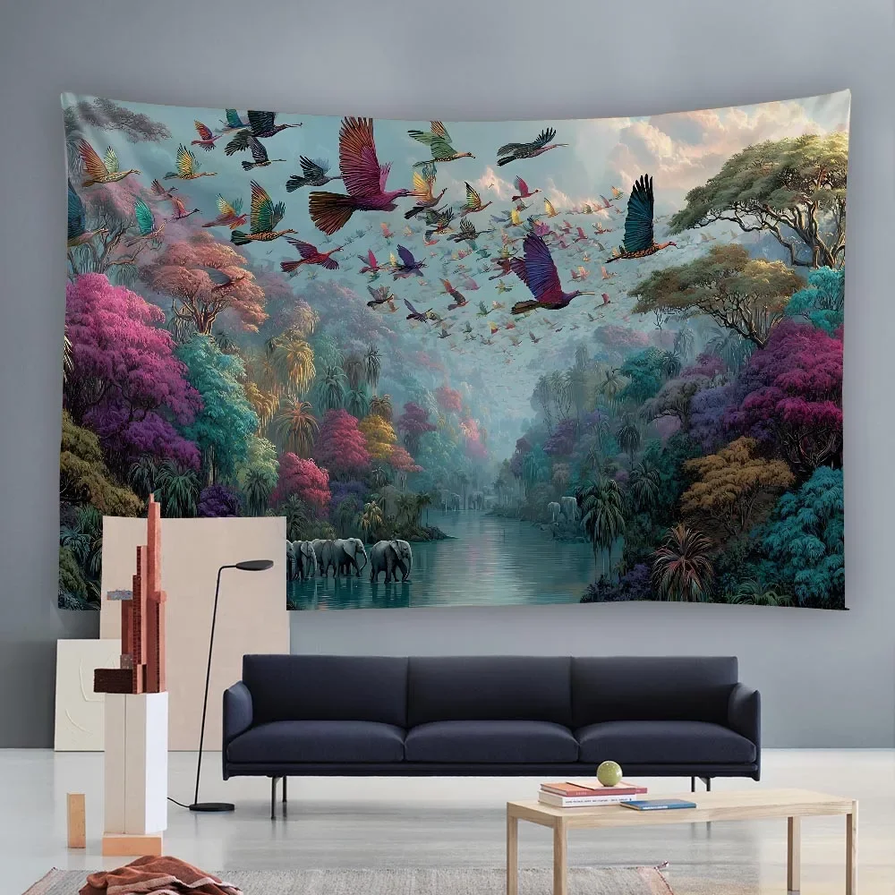 Colorful Jungle Elephant Tapestry with Dreamy Flowers And Birds Mural for Bedroom Living Room Dormitory Wall Decorative Backgrou