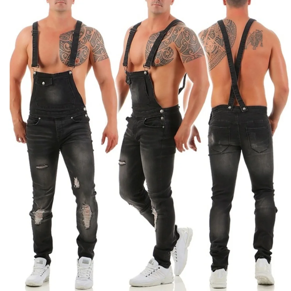 Männer Jeans Overalls Jeans Bleistift Hosen Overalls solide einteilig waschen Cargo taschen mittlere Taille Streetwear knöchel lang schlank