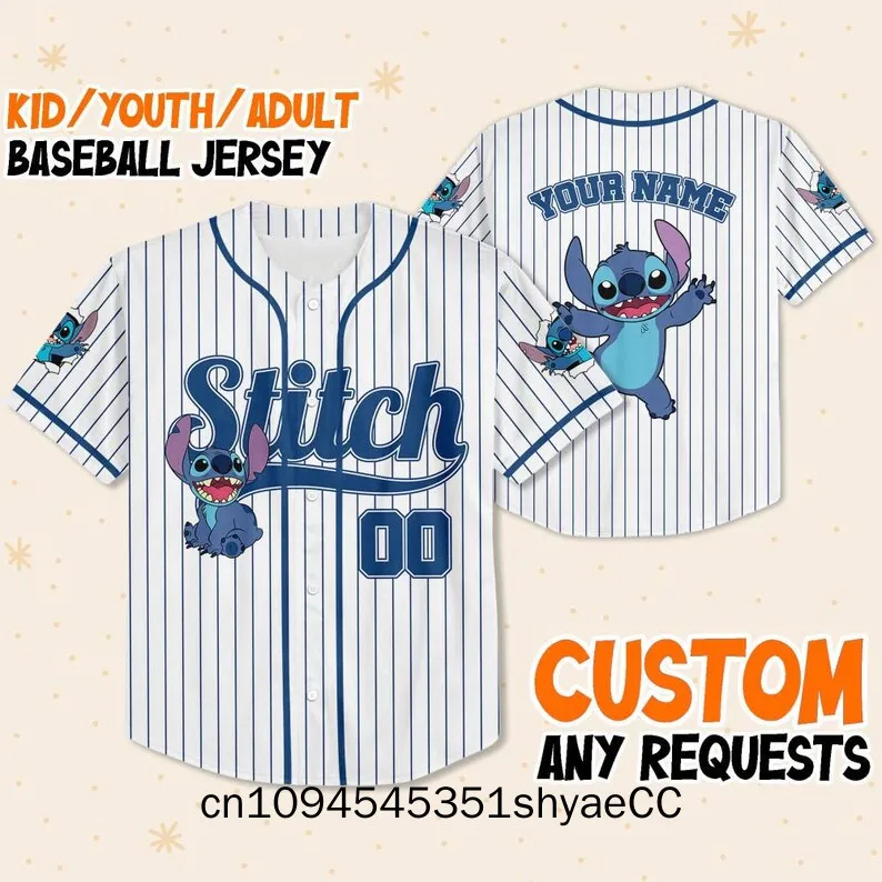 Personalize Disney Stitch Happy Striped White, Custom Kid Youth Adult Disney Jersey, Disney Baseball Jersey, Stitch Birthday Gif