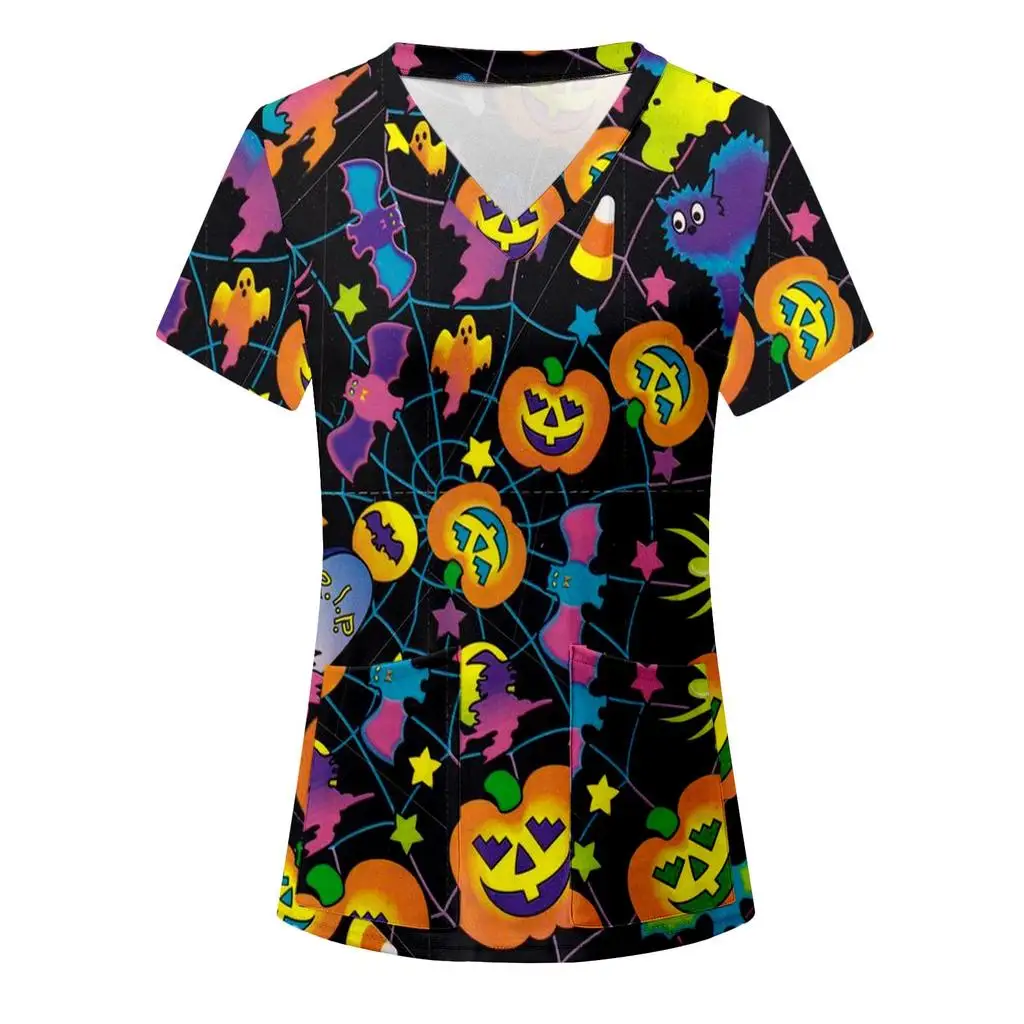 Halloween Print Nurse Uniform Women Short Sleeve V-neck Tops Healthcare Tunic Pocket Blouse Overalls Female Uniforme Tee Tops