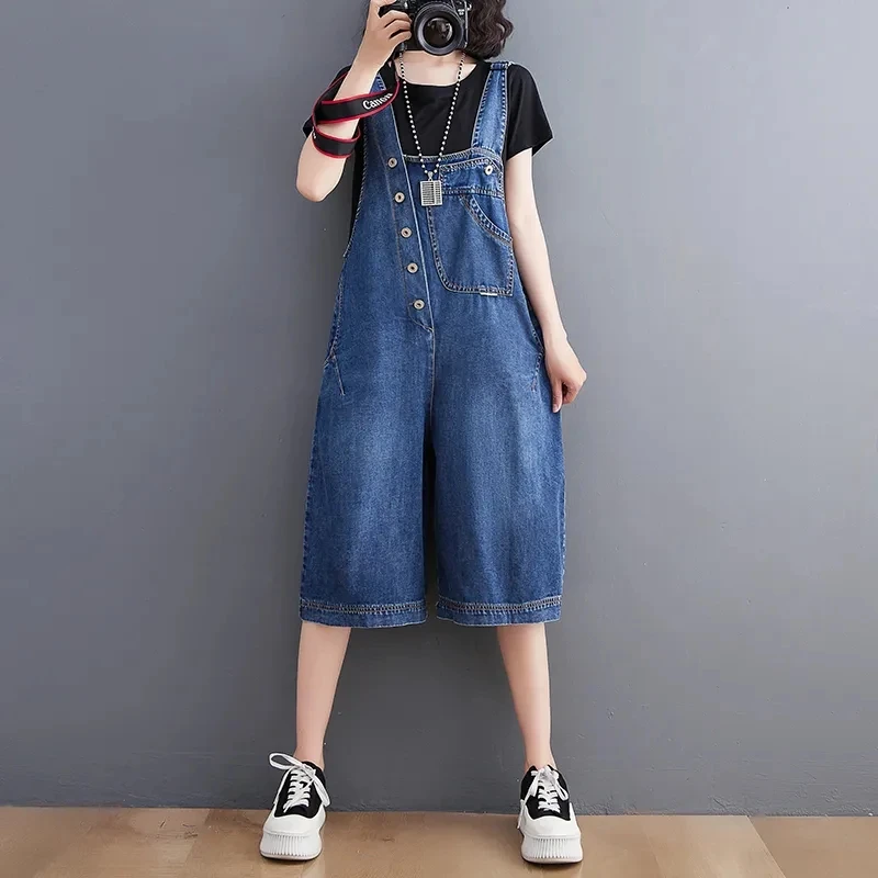 Vintage Straps Denim Shorts Women 2023 Summer New Fashion Pockets Jeans Jumpsuits Ladies Loose Rompers Casual Suspenders