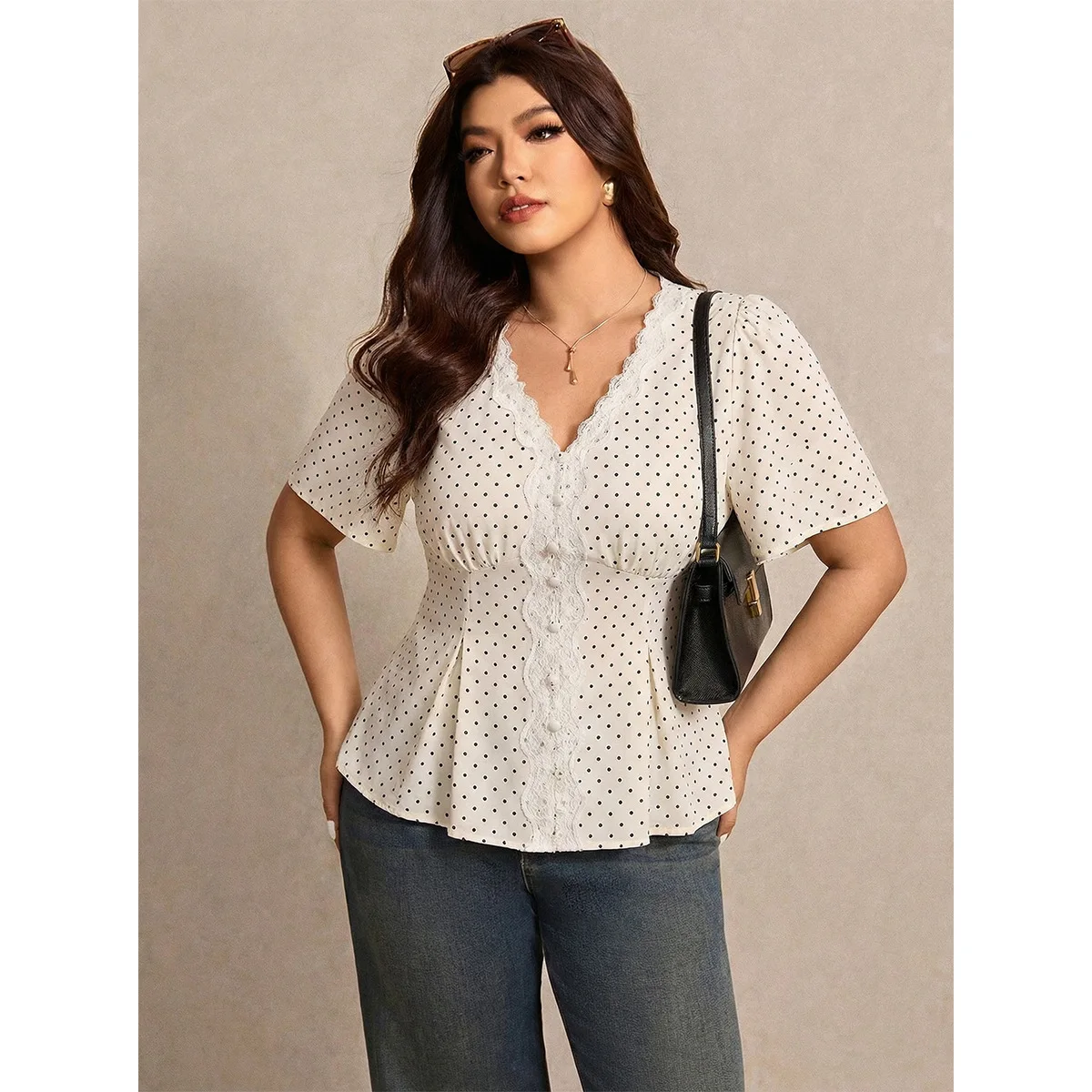 

French Gentle Style Polka Dot Top Plus Size Women Lace Trim Ruffle Hem Short Sleeve Shirt