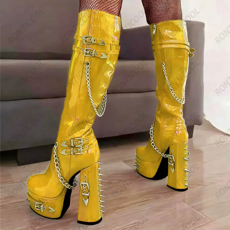 Ronticool Real Photos Women Winter Knee Boots Buckle Strap Block High Heels Round Toe Pretty Black Punk Shoes Plus US Size 5-20