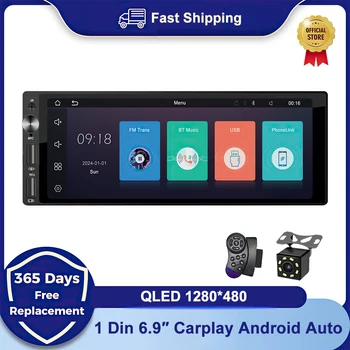 범용 6.9 인치 Qled 1din 안드로이드 자동 무선 카플레이, 자동차 라디오 멀티미디어 스테레오 MP5 플레이어, 블루투스 USB FM 카메라, 애플용