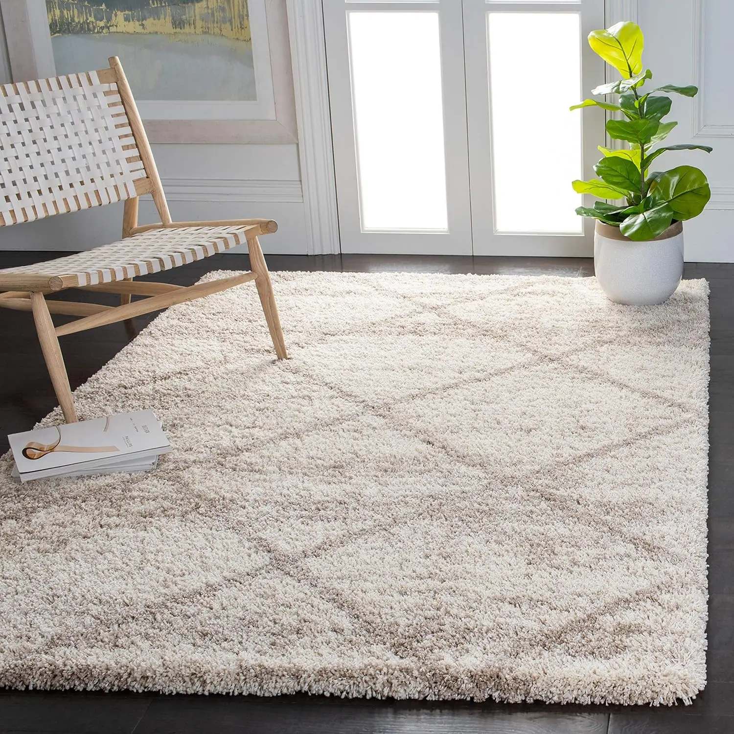 Hudson Shag Collection Area Rug - 9' x 12',Multi Ivory & Beige,Modern Trellis Design,Non Shedding & Easy Care,2-inch Thick Ideal