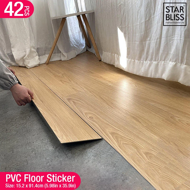 (pack of 42pcs/6m²)  PVC Self-adhesive Wood Grain Floor Wall Sticker Living Room Toilet Kitchen Waterproof Sticker 15.2 x 91.4cm