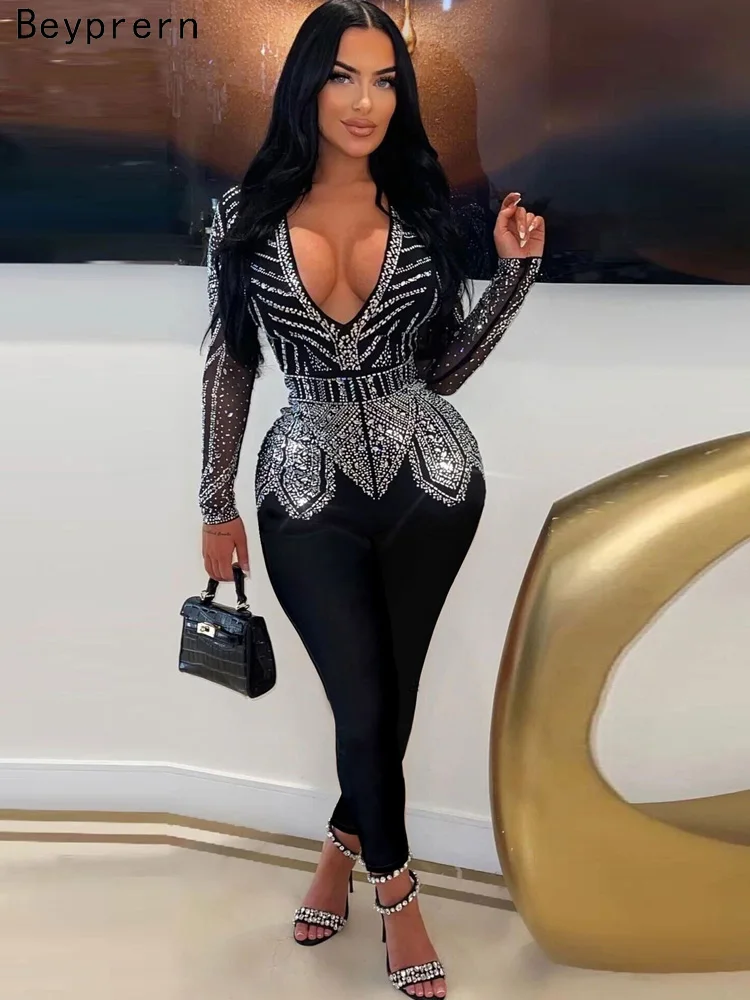 Beyprern Sparkle Black Rhinestone Long Pants Jumpsuits Womens Autumn Long Sleeve Crystal Rompers Nightclub Outfits Clubwear