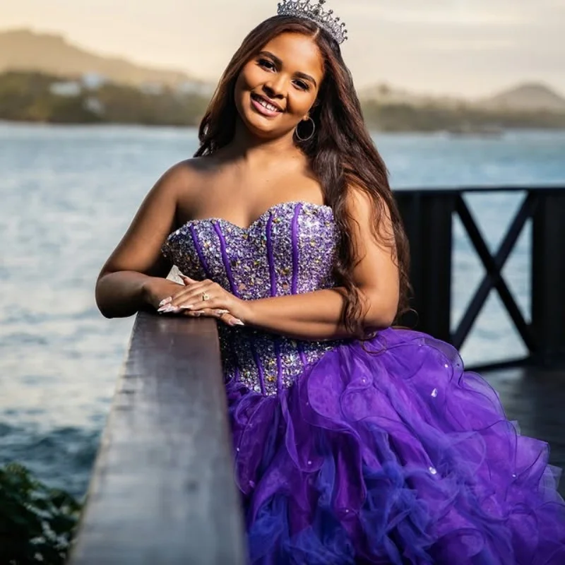 Purple Gradient Quinceanera Dresses Glitter Decal off-shoulder Long tail Lace layering Vestido 15 Quinceanera Customize