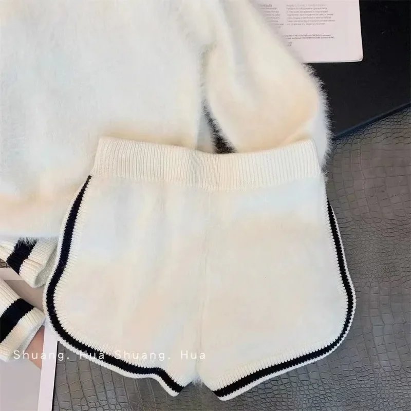 Short Sets 2024 Knitted Set Women\'s Autumn 2023 New Casual Fashion Letter Sweater Crop Tops Wide Leg Shorts Y2k Short Pants