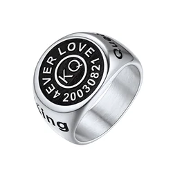 Anillo de sello grabado con láser redondo personalizado U7, superficie negra, acero inoxidable, nombre del equipo de unión, anillo de clase familiar, joyería personalizada