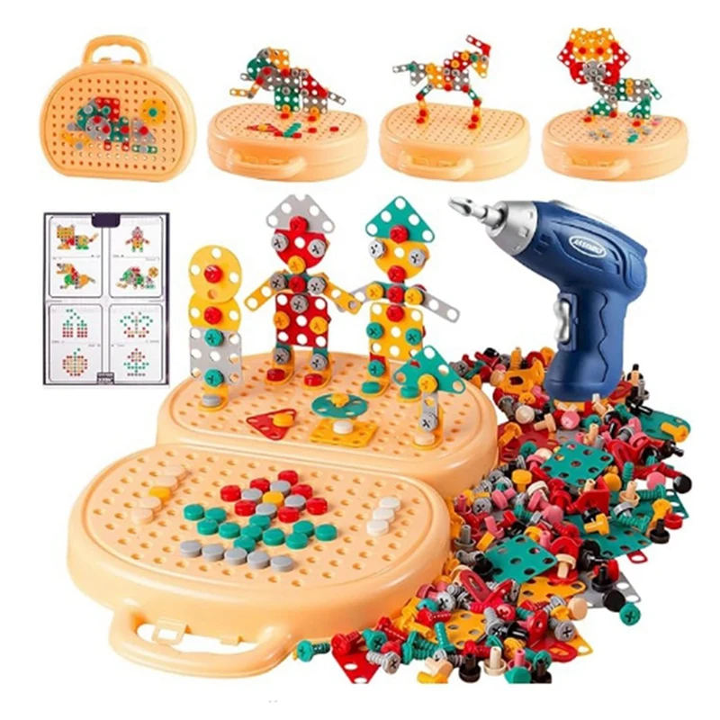 3D Play Toolbox Toy With Electric Drill Mosaic Puzzle Tool Set Early Education Toy Toolbox For 3-12 Year Old Kids Easy Install