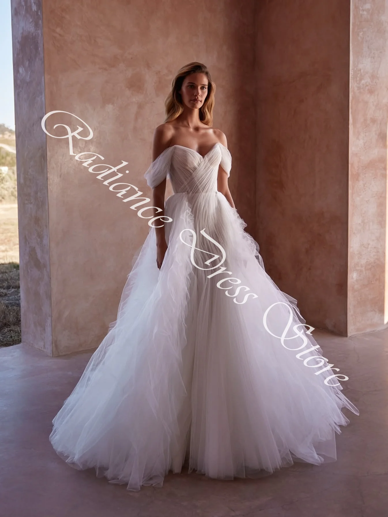 Vestidos de Noche personalizados de tul con temperamento, corte en A, hombros descubiertos, sin tirantes, media manga, Panel de tren, vestido de regreso a casa