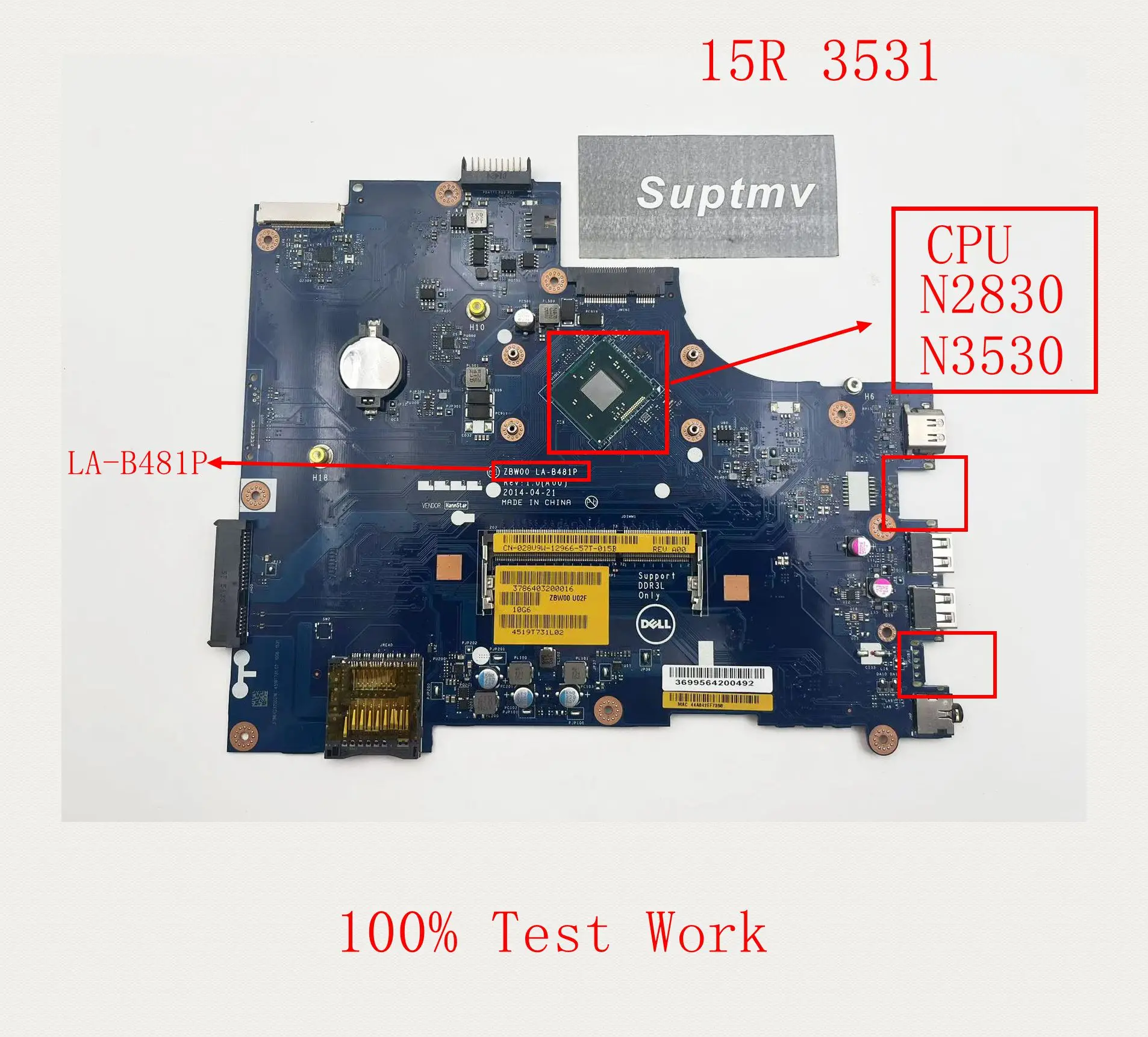 Placa-mãe para dell inspiron 15r, 3531, la-481p, ddr3l, 028v9w0, 0y3xh, teste 100%